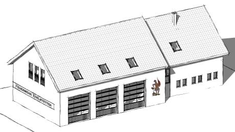 Das Feuerwehrgerätehaus in Edelstetten erhält einen enormen Anbau (linker Bildteil) an das bestehende Gebäude (rechts im Bild).