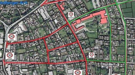 Für den östlichen Bereich der Lachner-Straßen (grün markiert) wurde jetzt Tempo 30 beschlossen. Nun sind die Anwohner des westlichen Bereiches (rot markiert) aufgerufen, ihre Meinung zur Ausweitung kund zu tun.