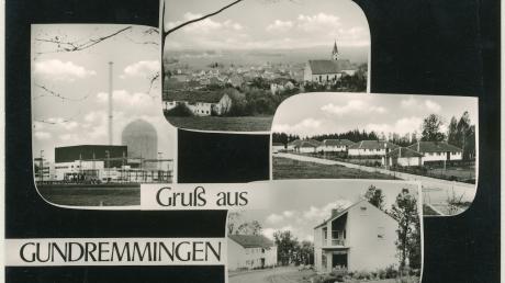 Gruß aus Gundremmingen: Postkarte mit Kernkraftwerk, Neubaugebiet und Dorfansichten
