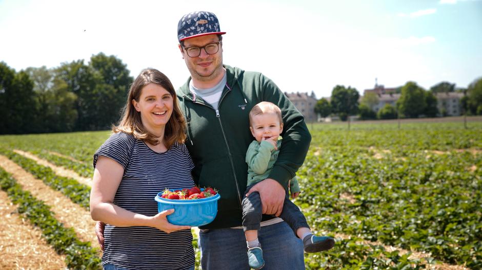 Nadine und Philipp Staib mit ihrem Sohn beim Erdbeerpflücken in Lechhausen.