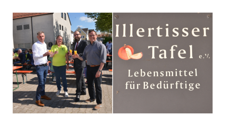 Sie stoßen auf 20 Jahre Illertisser Tafel an (von links): Bürgermeister Jürgen Eisen, Vorsitzende Ulrike Tiefenbach sowie die Pfarrer Daniel Städtler und Andreas Specker.