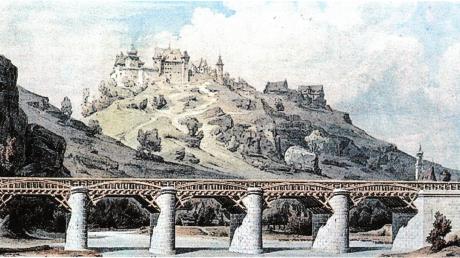 Dieses Gemälde von Ingenieur Herrle aus dem Jahr 1855 zeigt eine der Eisenbahnbrücken über die Wörnitz bei Harburg in ihrer ursprünglichen Form. Das Tragwerk bestand damals noch aus Holz.
