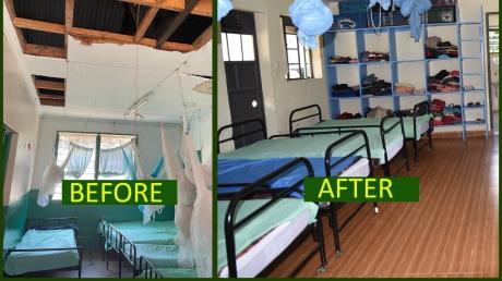 Die Schule für behinderte Kinder und Jugendliche in Kabernet in Kenia wurde mit Hilfe der Stadt Gersthofen saniert. Das Bild zeigt die Schlafsäle vorher und nachher.