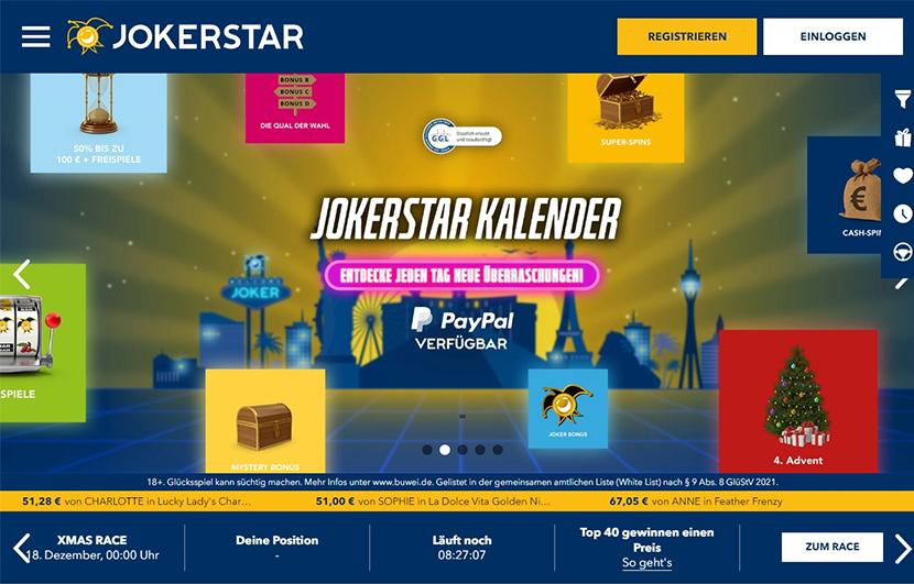 Die Startseite des Jokerstar Casino.