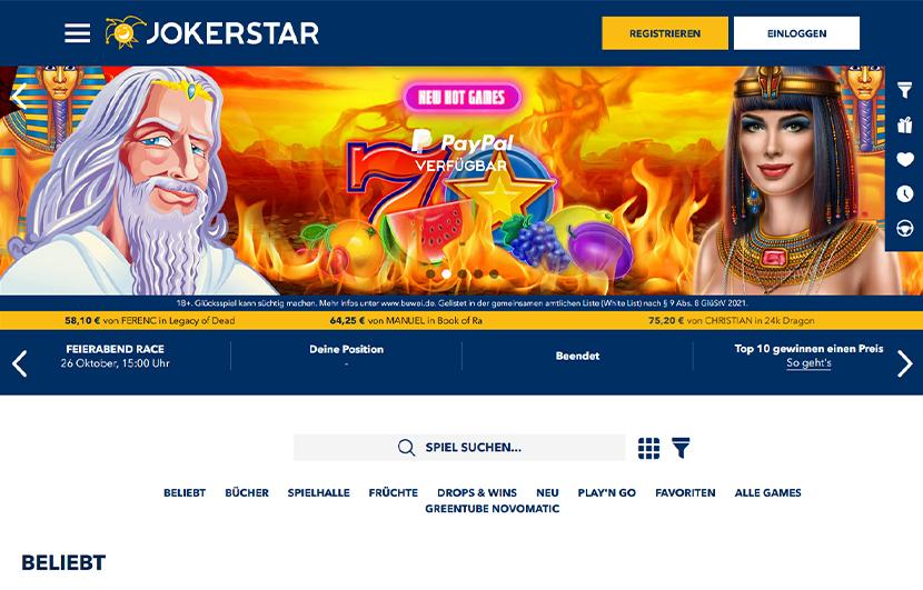 Die Startseite des Jokerstar Casinos.