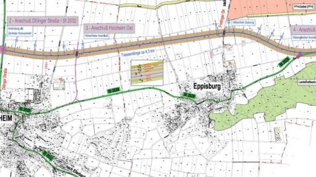 Dem Planungsentwurf zufolge verläuft die Umgehungsstraße nördlich von Eppisburg und Holzheim. Richtung Westen kann die Strecke erweitert werden. 