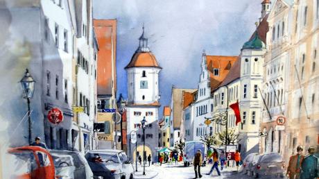 Die Dillinger Königstraße mit dem Mittleren Tor, in Aquarell gemalt von Christina Schneider, die derzeit in der Praxis Roller/Münch in der Rosentraße ausstellt. 