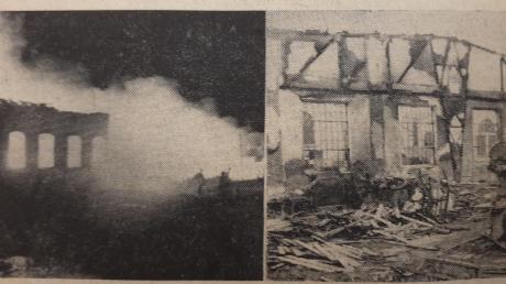 Die rot glühende Feuersbrunst in Schwarz-weiß-Tönen zeigt das linke Bild vom Abend des 25. August 1955. Am Morgen nach dem Brand wird deutlich wie stark die Flammen in der Holzschneidehalle der Lauinger Firma Ködel & Böhm gewütet haben (rechtes Bild). 	 	