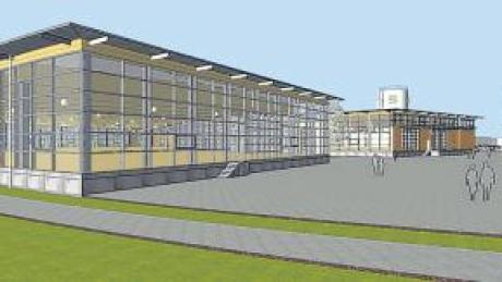 So sehen die Entwürfe für die neuen Produktionshallen der Firma Fitz Interior in Mertingen aus. Das Gebäude hat die Form eines Hufeisens. 
