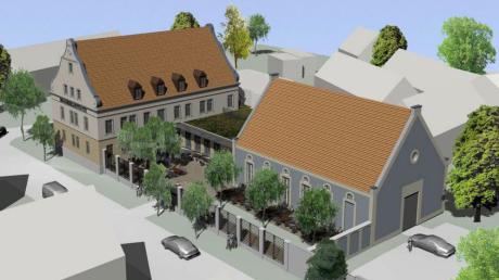 Die Animation zeigt, wie die alte Brauereigaststätte samt neuem Bürgersaal einmal aussehen soll.  
