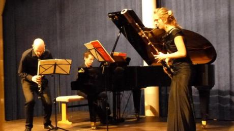 Daniel Bollinger an der Klarinette, Robert Aust am Flügel und Lydia Pantzier mit dem Fagott (von links) spielten als Rheingoldtrio in der Mertinger Schulaula. 
