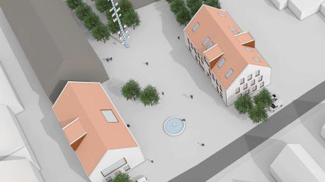 Eine dreidimensionale Animation von der geplanten „Neuen Mitte“ in Buchdorf: links das künftige Rathaus, rechts ein Gebäude mit Bank, Apotheke und Arztpraxis.