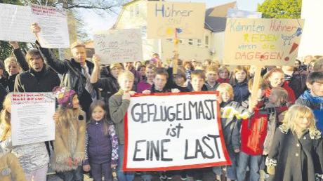 Am Dienstagabend demonstrierten vor dem Rathaus in Ried etwa 70 Gegner des geplanten Geflügelmastbetriebs in Baindlkirch. Die Räte diskutierten in der Bauausschuss-Sitzung über das Vorhaben eines Landwirts. 