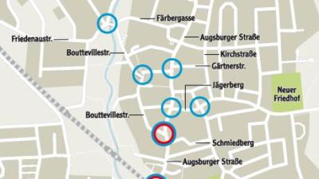 Vor allem am Marktplatz muss die Verkehrsführung noch so geändert werden, dass langsamer gefahren werden muss. Und am 20. September soll gezählt werden. Rechts die Zählstellen, blau-rote Kreise stehen für 14-stündiges Erfassen, der gestrichelte Kreis kommt erst im März 2012 mit dazu. 