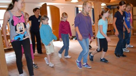 Einfache Choreografien brachte Carola Schöpf (ganz hinten) den Meringer Ferienkindern in der Schlossmühle bei.   
 

