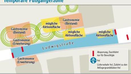 Am 8. August beginnt der Probebetrieb für die temporäre Fußgängerzone in der Ludwigstraße. Bis Herbst ist jeweils am Freitag und Samstag im Bereich zwischen Bahnhof- und Haagstraße die Durchfahrt gesperrt.  
