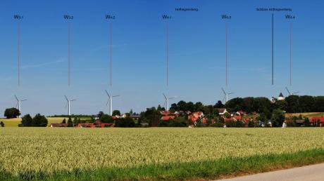 Diese Fotomontage der Windräder vor dem Hofhegnenberger Schloss zeigt, wie der Blick durch die mögliche Windanlage beeinträchtigt werden könnte.  
