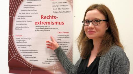 Claudia Egger klärt anhand eines Plakats über das Weltbild und das Handeln rechtsradikaler Gruppierungen auf.