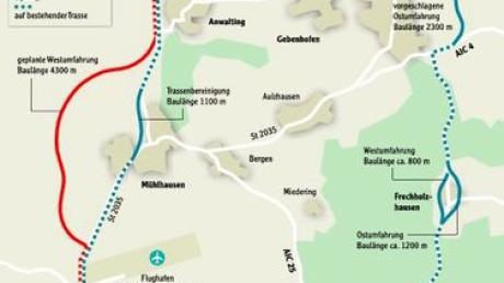 Die Verkehrsentlastung für den Raum Affing steht seit Jahrzehnten auf der Tagesordnung . Hier die Vorschläge von Straßenbauamt und Kommune (rot) - und die der Nordtrassengegner der Igusag (blau). 