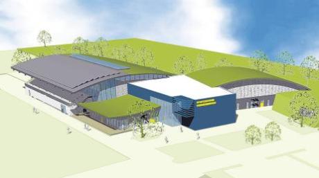 So soll das neue Gundremminger Sportzentrum am Auwald aussehen: oben überdachte und begrünte Schießanlage, unten Mehrzweckhalle mit Außentribüne. 
