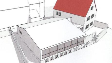 So könnte der neue Bürgersaal in Landensberg beim Blick von Südwest aussehen. Das alte Lehrerwohnhaus (rechts) würde saniert. 
