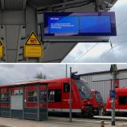 Sieben Triebwagen stehen am Krumbacher Bahnhof in Wartestellung. Von dort fährt am Montag, 27. März wegen eines Streiks kein Zug ab. Auch am Bahnhof Günzburg herrscht Leere. 