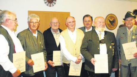 Für 50 und 60 Jahre Mitgliedschaft geehrt (von links): Hans Zanker, Leo Kohn, Otto Wenzel, Manfred Wegele, Gauschützenmeister Andreas Mayr, Rudolf Schunk und Johann Plattner. 