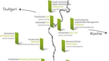 Das Gebiet und die Hochschulen, die das Projekt „Südkurs“ umfasst.