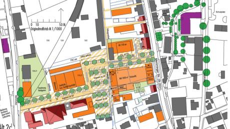 Eine Konzeptstudie zeigt, wie die Ortsmitte in Altenstadt mit Aldi-Markt (Bildmitte, links neben Memminger Str.), einer Ost-West-Achse zwischen Memminger und Bahnhofsstraße und den Parkplätzen aussehen könnte. 