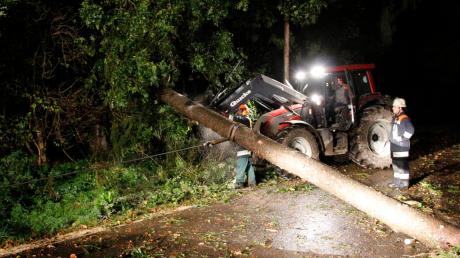 Einige umgestürzte Bäume und viel Lärm, aber wenig Dramatik: das ist die Gesamtbilanz des Sturmes in der Nacht vom Dienstag auf den Mittwoch. Hier ein Traktor und Feuerwehrleute beim Einsatz. 
