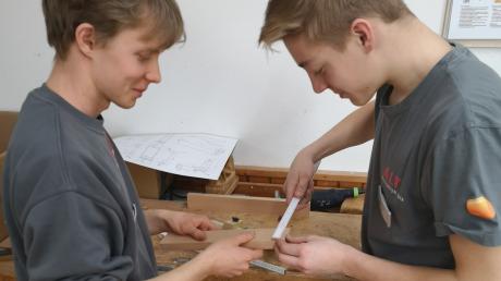 Moritz Wagner (links) und Jonas Schneider haben Spaß an der Arbeit mit Holz. Sie wollen Schreiner werden und machen eine Ausbildung bei der Firma Alt in Gannertshofen. 