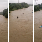 Am Samstag hat eine Gruppe von Kajak-Fahrerinnen und Fahrern wohl auf der Iller trainiert, trotz der Gefahr durch das Hochwasser. 