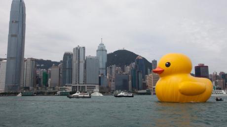 Die Quietsche-Ente vom niederländischen Künstler Florentijn Hofman schwimmt im Victoria Harbour in Hongkong.