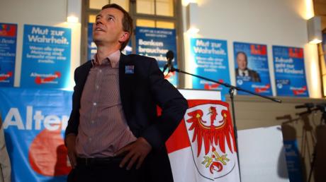 Der AfD-Vorsitzende Bernd Lucke schaut sich die Ergebnisse der Landtagswahl in Brandenburg mit großer Zufriedenheit an.