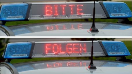 Polizeikontrolle der Autobahnpolizei Günzburg (APS) mit einer Unterstütungsgruppe aus Neu-Ulm an der Autobahnraststätte in Leipheim an der A8. Zivilfahrzeuge der APS "fingen" Fahrzeuge aus dem fließenden Verkehr auf der Autobahn und leiteten sie zu den Kollegen am Rastplatz. Dort wurden Insassen und Transportgut kontrolliert. Auf der Signalanzeige des Einsatzfahrzeugs erscheint für den nachfolgenden Verkehr in LED-Laufschrift "BITTE FOLGEN" und danach auf Englisch "FOLLOW ME". Polizei Sicherheit Kontrolle Symbolfoto Themenfoto Combo Fotocombo