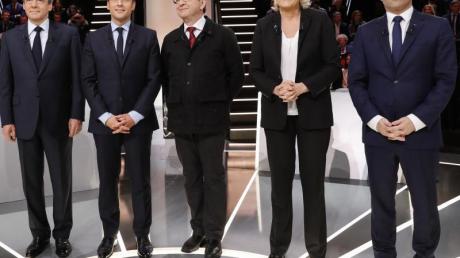 Der Konservative Fillon (l-r), der unabhängige Bewerber Macron, der Linkspolitiker Mélenchon, die französische Rechtspopulistin Le Pen und der Sozialist Hamon vor der ersten Runde.