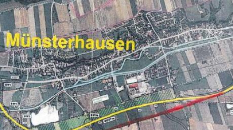 In einem Bürgerantrag mit knapp 300 Unterschriften wird gewünscht, dass die geplante Trasse der Münsterhauser Ortsumfahrung weiter nach Westen rückt (siehe rote Linie). 
