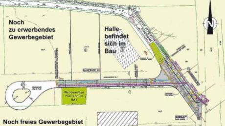 So sieht der Planungsentwurf für die Erschließung und den teilweisen Ausbau der Hohenraunauer Straße und des Pfannenstielweges (rechts im Bild) im Gewerbegebiet von Aletshausen aus. Gleichzeitig soll eine Stichstraße (Bildmitte) gebaut werden, die nach Bedarf nach Westen verlängert werden kann.  