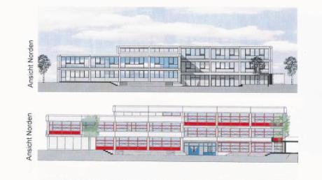 Wie auf dem Bild oben soll die Mittelschule Thannhausen nach den Plänen des beauftragten Architekturbüros künftig von außen aussehen. Darunter die jetzige Ansicht, die weitestgehend der energetischen Sanierung zum Opfer fällt. 