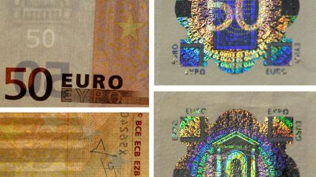 50-Euro-Geldscheine haben etliche Sicherheitsmerkmale, die vor Falschgeld schützen sollen. Dazu gehören Hologramm, Wasserzeichen und Silberstreifen.