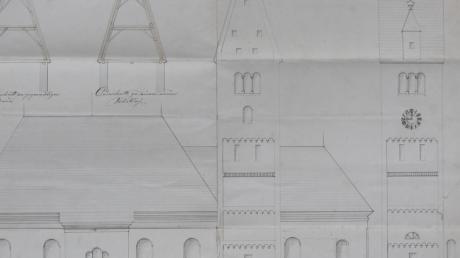 Der Entwurfsplan aus dem Jahr 1872 für ein neues Satteldach auf dem Kirchturm. Letztendlich setzte sich die bis heute bestehende Pyramidenform durch.