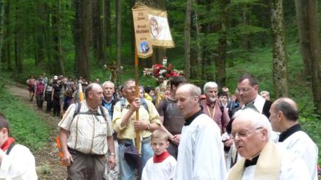 Am Fuß des Schlossberges von Seifriedsberg empfingen Geistliche der Wallfahrt Maria Vesperbild die etwa 90 Pilger, die auch den Rückweg der Fußwallfahrt nach Ettal auf sich genommen haben.  	