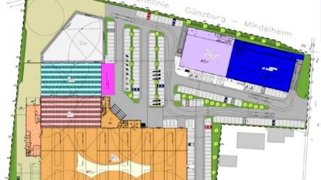 Auf dem ehemaligen Baywa-Areal sollen ein Bau- und Gartenfachmarkt (toom, unten in L-Form), ein Drogeriemarkt (dm, lila) und ein Discounter (Norma, blau) eingerichtet werden. 