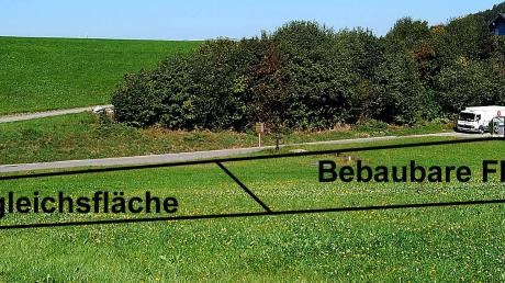 Dieses Teilgrundstück am westlichen Ortsrand von Obergessertshausen kann durch den Erlass einer Einbeziehungs- und Ergänzungs-Satzung nun bebaut werden. Links befindet sich die erforderliche Ausgleichs- und Begrünungs-Fläche. <b></b>
