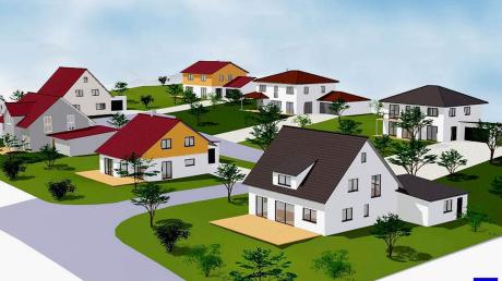 Mit solchen 3-D-Computer-Animationen zeigte Planer Riedler im Gemeinderat Aichen auf, wie die Bebauung der neuen Baugebiete aussehen könnte. Hier der Vorschlag für die Bebauung des Gebietes „Weiherberg“ im Südwesten von Aichen. 