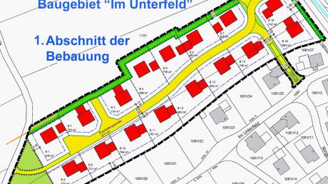 So sieht nun die endgültige Planung und Einteilung des Baugebietes „Im Unterfeld II“ in Obergessertshausen aus. Nach der Genehmigung können dort 16 Einzelhäuser errichtet werden. 