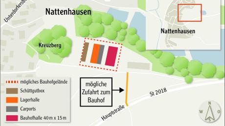 In einem möglichen zweiten und dritten Bauabschnitt könnte ein Bauhof in Nattenhausen neben der von Anfang geplanten Bauhofhalle und den Schüttgutboxen um Carports sowie eine weitere Lagerhalle erweitert werden. (Quelle: VG Krumbach). Doch der Standort Kreuzberg in Nattenhausen ist umstritten. 