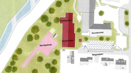 Der Neubau eines Kindergartens (rotes Dach) an der Grundschule Deisenhausen kommt auf den Prüfstand. Die Gemeinderäte von Bleichen stellten die Planung kürzlich vollständig infrage. Nun soll das Thema in einer separaten Sitzung aufgearbeitet werden. 	