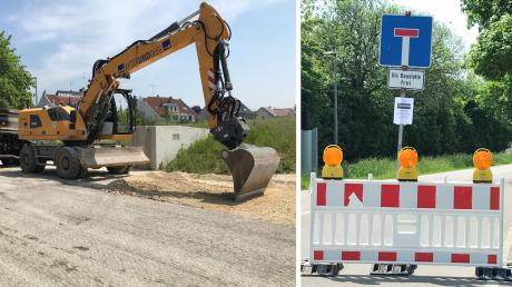 Baustelle in Thannhausen: Voraussichtlich bis 7. Juni ist die Ursberger Straße gesperrt. Im Bild links ist das Betonbauwerk zu sehen, in das Hochwasserbarrieren eingehängt werden können.