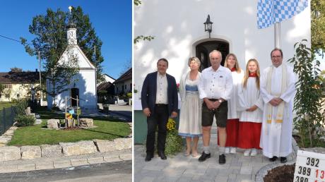 Sie freuen sich über den neu gestalteten Vorplatz der Kapelle in Waltenberg: (von links) Bürgermeister Harald Lenz, Mesnerin Maria Steidle, Franz Steidle, Ministranten, Stadtpfarrer Josef Baur.